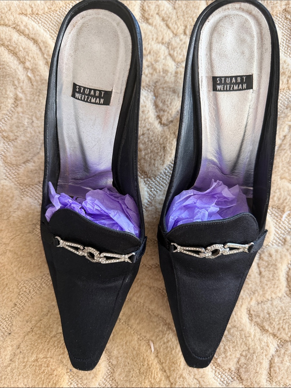 Stuart Weitzman Black Satin Pointed Toe Mules with Crystal Chain size 9 elegant